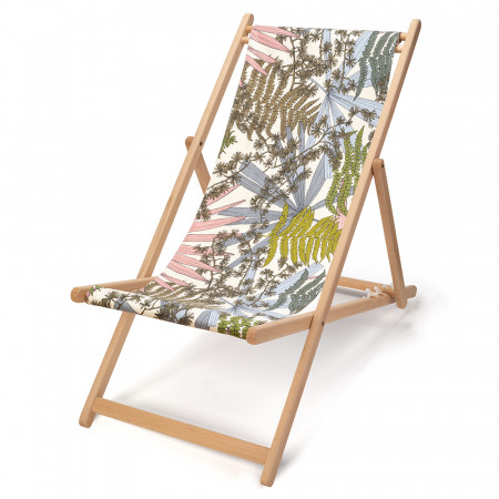 transat de jardin en bois de-hetre et toile en coton imprimée feuilles et fougères fond blanc