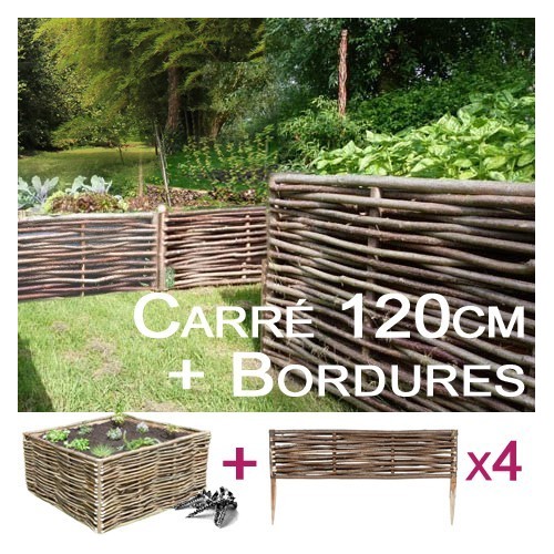 Bac carré potager 120x120 cm et bordures de jardin en branches de noisetier tressées