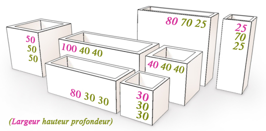 Dimensions des Jardinieres et bacs d'exterieur